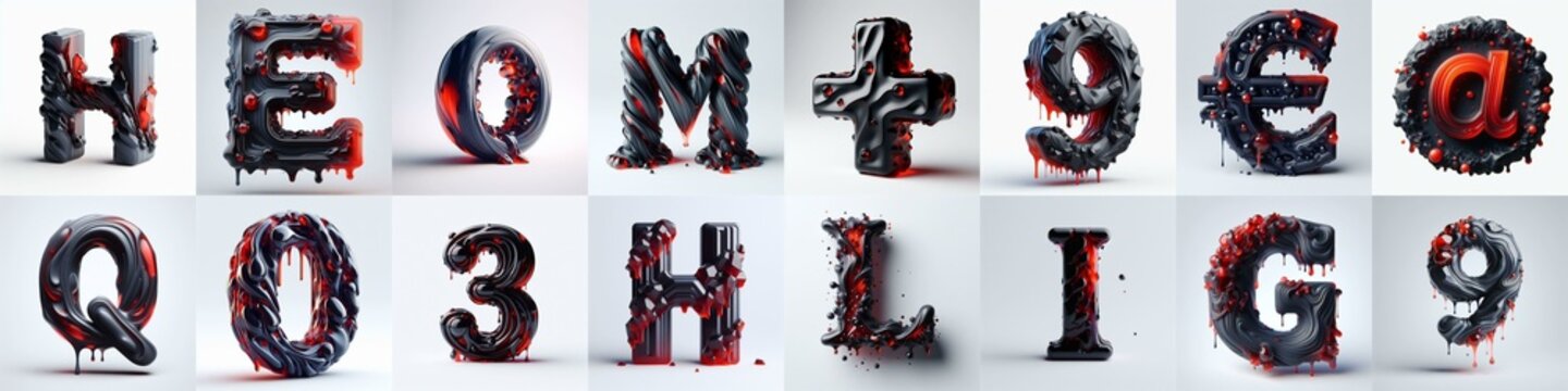 Obsidian and Red glass 3D Lettering Typeface. AI generated illustration