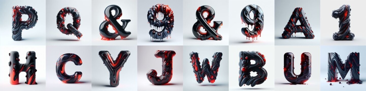 Obsidian and Red glass 3D Lettering Typeface. AI generated illustration