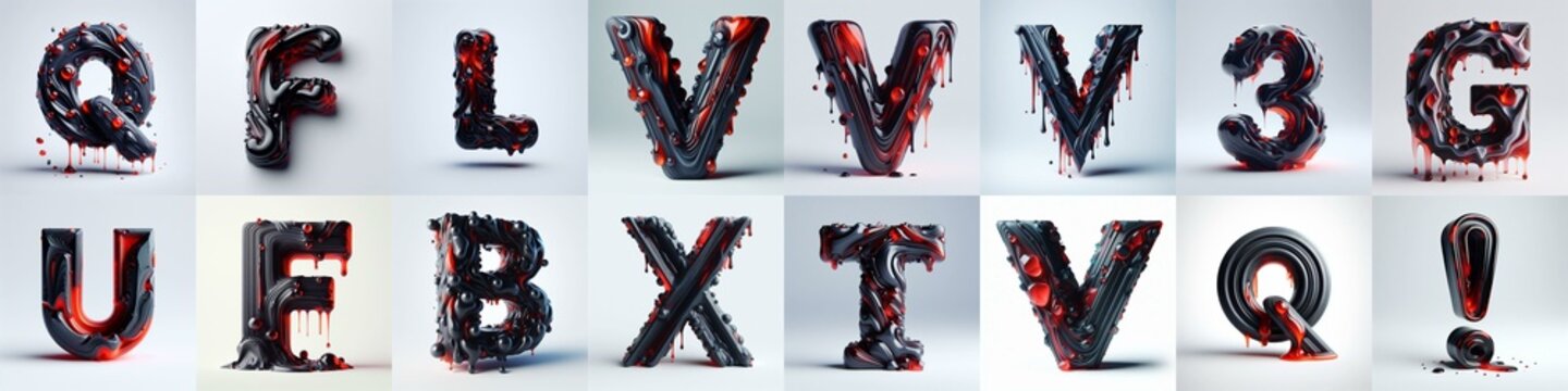 Obsidian and Red glass 3D Lettering Typeface. AI generated illustration