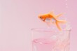 Goldfish jumping out of the water in aquarium on pink background, copy space