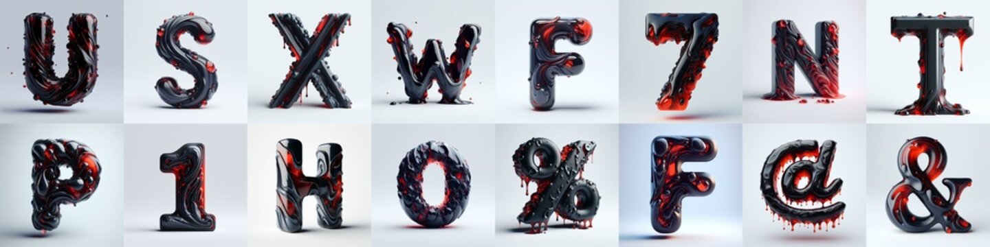Obsidian and Red glass 3D Lettering Typeface. AI generated illustration