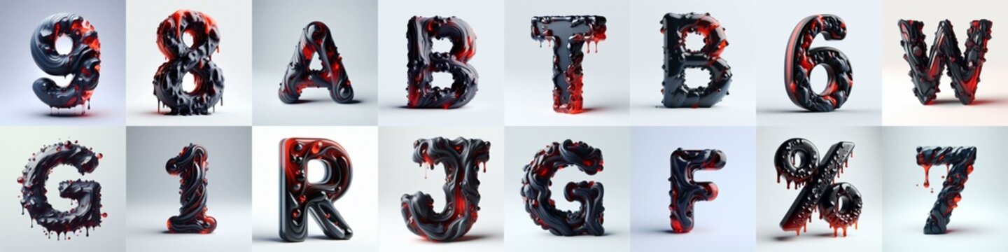 Obsidian and Red glass 3D Lettering Typeface. AI generated illustration