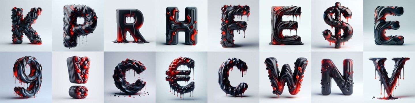 Obsidian and Red glass 3D Lettering Typeface. AI generated illustration