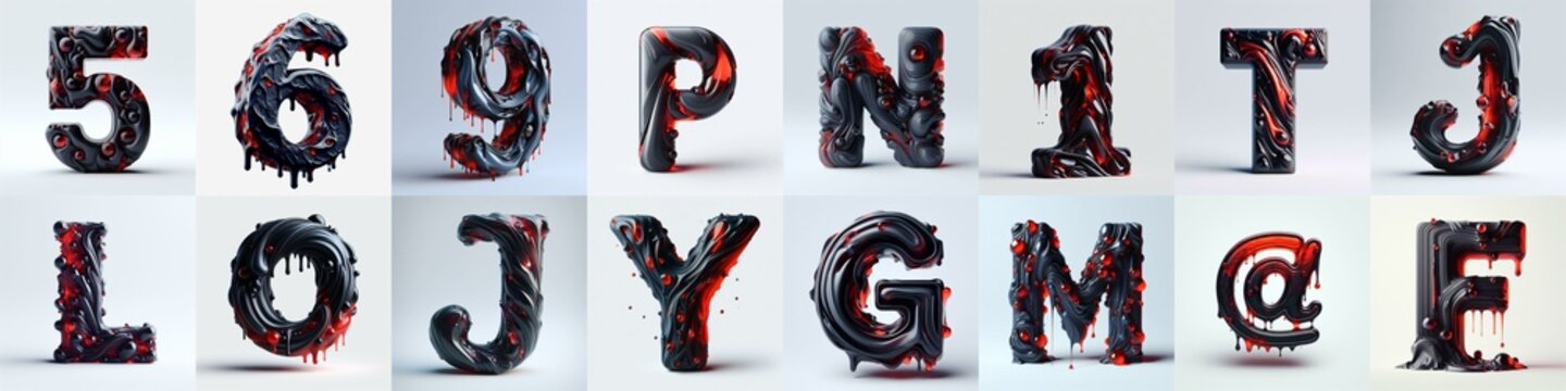 Obsidian and Red glass 3D Lettering Typeface. AI generated illustration