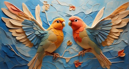 Create an image of love birds in mid-flight, capturing the dynamic movement and grace of their wings, while emphasizing the connection between the pair through subtle touches -Ai Generative