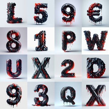 Obsidian and Red glass 3D Lettering Typeface. AI generated illustration