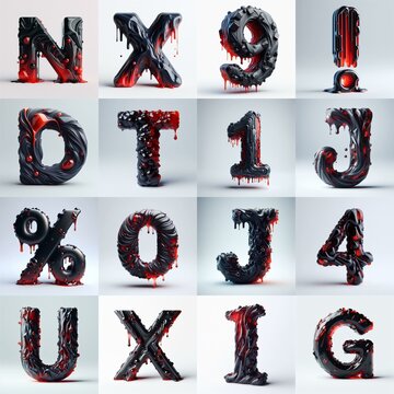 Obsidian and Red glass 3D Lettering Typeface. AI generated illustration