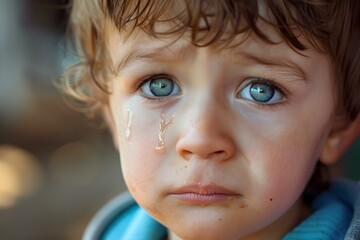 A sad young boy crying tears of sorrow. Concept Emotions, Sadness, Innocence, Grief, Loneliness
