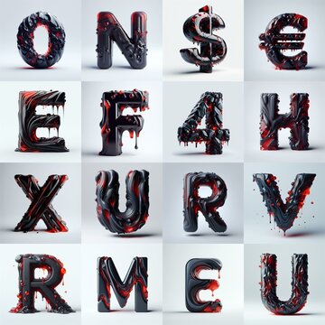 Obsidian and Red glass 3D Lettering Typeface. AI generated illustration