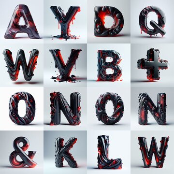 Obsidian and Red glass 3D Lettering Typeface. AI generated illustration