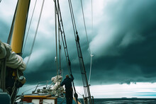 Lone Sailor Adjusting The Rigging With Approaching Storm Clouds