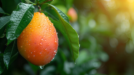 close up of a fresh mango fruit hanged on tree with water drops, generative ai