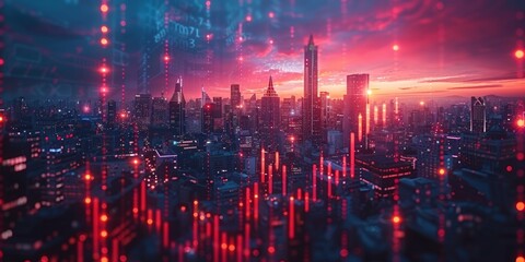 Wall Mural - Abstract futuristic city skyline with digital skyscrapers and neon lights, symbolizing technology and business in the urban landscape.