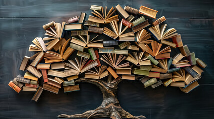 abstract creative art of a tree made with books