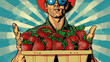 Man with strawberries, stylized pop art.