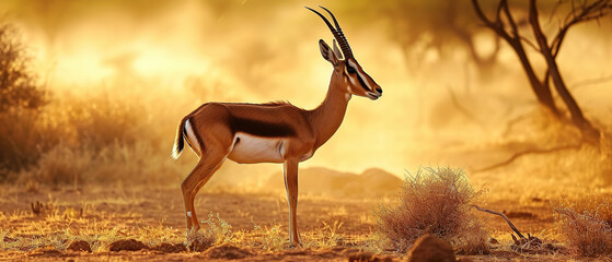 Wall Mural - banner of a gazelle on blured nature background, with empty copy space