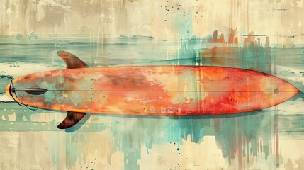 Wall Mural - Vintage posters, watercolor washes, surfboard, oceanic color tones, abstract, textured woodgrain, tropical elegance, fluid brushwork 