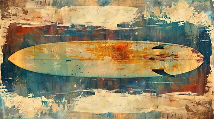 Wall Mural - Vintage posters, watercolor washes, surfboard, oceanic color tones, abstract, textured woodgrain, tropical elegance, fluid brushwork 