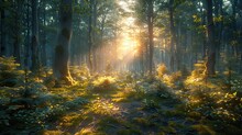 Wallpaper Capturing The Serene Beauty Of A Forest Landscape, With A Focus On The Towering Trees, The Intricate Layers Of Foliage Capturing The Forest In Sharp Detail From Foreground To Background. The