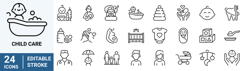 child care line web icons. international children day, kid rights, parenthood. outline icon collecti