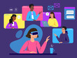 © Alexandra - Woman in virtual reality headset having online video call, meeting with her colleagues. Flat vector illustration of people using VR technology	on dark background.