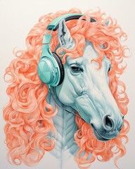  Horse in headphones in Art Nouveau style.Watercolor pencil drawing in turquoise, peach fuzz colors