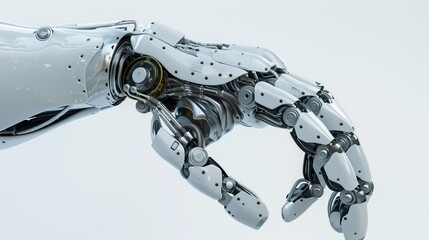 Poster - The robotic arm appears on a white background while a mechanical hand is used. Industrial robot manipulator. High tech industrial device.