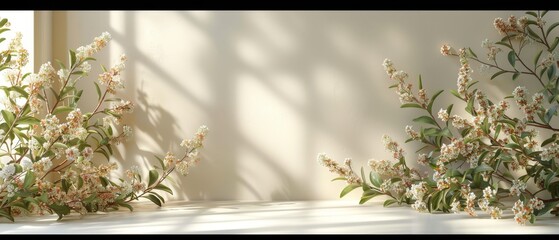 Poster - An abstract beige background for a product presentation with light and intricate shadows from the window and plants.
