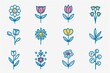  illustration of flowers line icons, including roses, tulips, daisies, sunflowers, lotuses, chamomile, dandelion, chrysanthemum, and lilies. Editable strokes.