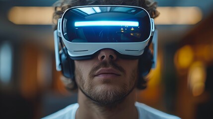 Poster - An isolated young man using a virtual reality headset. Conceptual image of VR, gadgets, technology, learning online, studying, and video games.