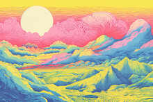 Generative AI Illustration Of Psychedelic Neopop Art Style Landscape With Wave-like Mountains Under A Gradient Sky With Rising Sun