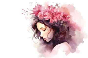 Wall Mural - A beautiful girl with flowers in her hair, delicate pastel beige tones, white isolated background, watercolor painting.