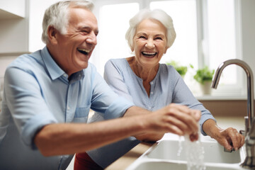 Wall Mural - Caucasian married senior mature couple washing dishes in the kitchen