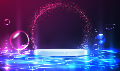 Poster - 3d display product stand on blue water ripples background with floating bubbles. 3D realistic round podium on water background. Empty pedestal for the presentation, skin care cosmetics. Vector EPS10.