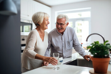 Wall Mural - Caucasian married senior mature couple washing dishes in the kitchen