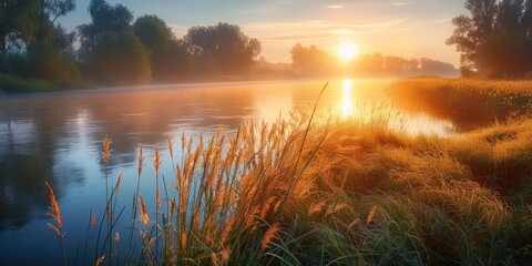 Serene landscape of reed meadow by river at sunset picturesque scene capturing tranquil beauty of nature with golden sunlight reflecting on water perfect for backgrounds depicting environments