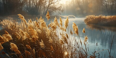 Wall Mural - Serene landscape of reed meadow by river at sunset picturesque scene capturing tranquil beauty of nature with golden sunlight reflecting on water perfect for backgrounds depicting environments