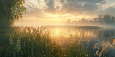 Wall Mural - Serene landscape of reed meadow by river at sunset picturesque scene capturing tranquil beauty of nature with golden sunlight reflecting on water perfect for backgrounds depicting environments