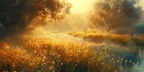 Wall Mural - Serene landscape of reed meadow by river at sunset picturesque scene capturing tranquil beauty of nature with golden sunlight reflecting on water perfect for backgrounds depicting environments