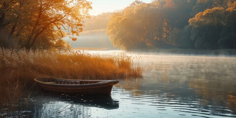 Wall Mural - Serene landscape of reed meadow by river at sunset picturesque scene capturing tranquil beauty of nature with golden sunlight reflecting on water perfect for backgrounds depicting environments