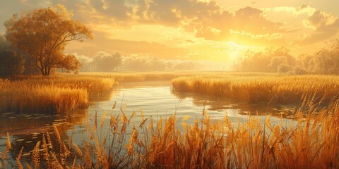 Wall Mural - Serene landscape of reed meadow by river at sunset picturesque scene capturing tranquil beauty of nature with golden sunlight reflecting on water perfect for backgrounds depicting environments
