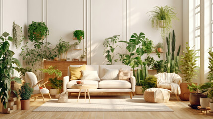 Wall Mural - Minimalist living room with indoor plants