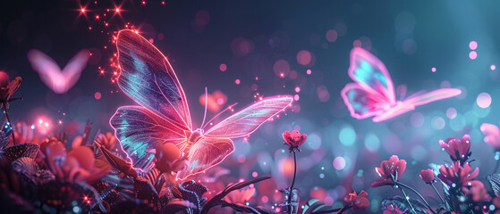 Butterflies with neon wings in a digital garden dreamy illustration blending nature and technology