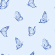Butterflies, seamless pattern vector illustration, hand drawn, sketch, black outline, engraving style
