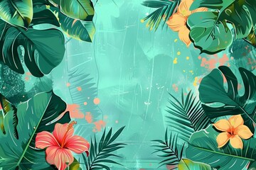 Poster - This tropical jungle color background vector features hibiscus, monstera, palm leaves, grunge texture and is perfect for poster, banner, and print purposes.