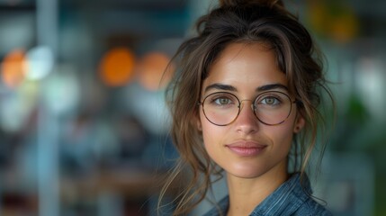 Fototapete - The image shows a beautiful Latina wearing a smart corporate shirt and glasses while smiling at the camera. She is a businesswoman, manager of information technology, and specialist in robotics