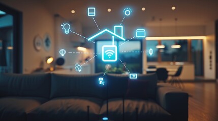 Poster - Connecting a smart home with a home network and controlling devices with it. Internet of things doodle background.