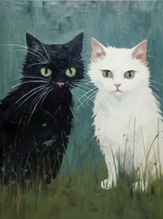 A realistic painting of two black and white cats sitting side by side. The cats are depicted in great detail, showcasing their fur patterns and expressions.