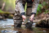Fototapeta  - person in waders holding a trout in a creek