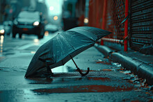 Detailed Shot Of A Rain-soaked Umbrella Abandoned On Rained Street